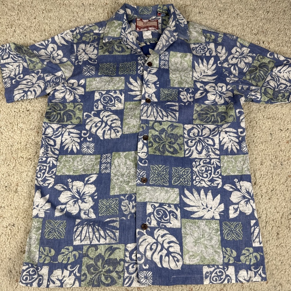 RJC Hawaiian Shirt Mens S Blue Excellent Reverse Weave Cotton Made in USA 103C